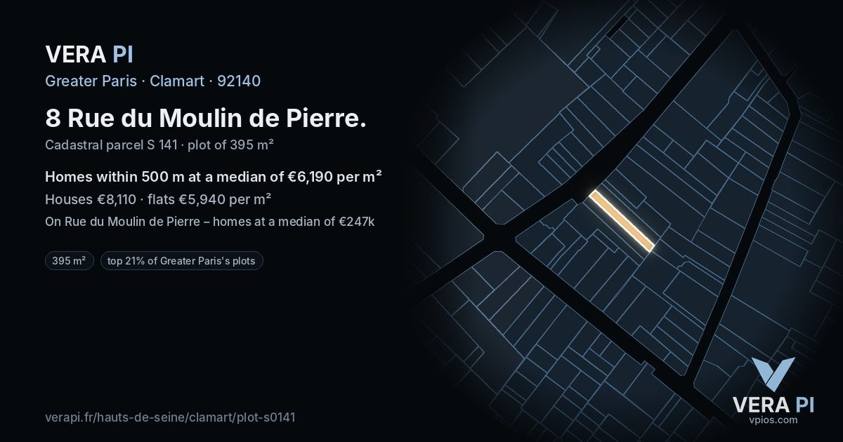 8 Rue du Moulin de Pierre, Clamart at night – the plot lit, the parcels around coloured by the prices near them