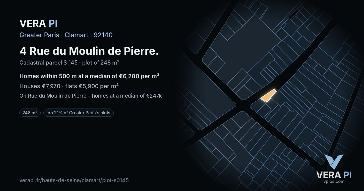 4 Rue du Moulin de Pierre, Clamart at night – the plot lit, the parcels around coloured by the prices near them