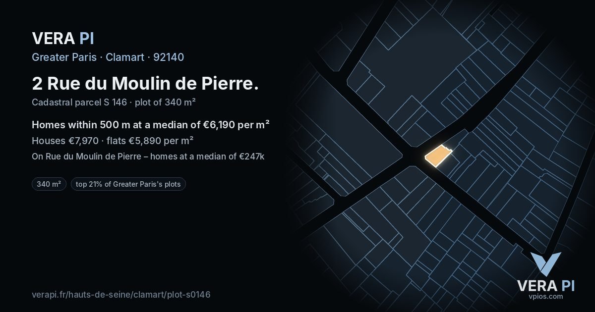 2 Rue du Moulin de Pierre, Clamart at night – the plot lit, the parcels around coloured by the prices near them