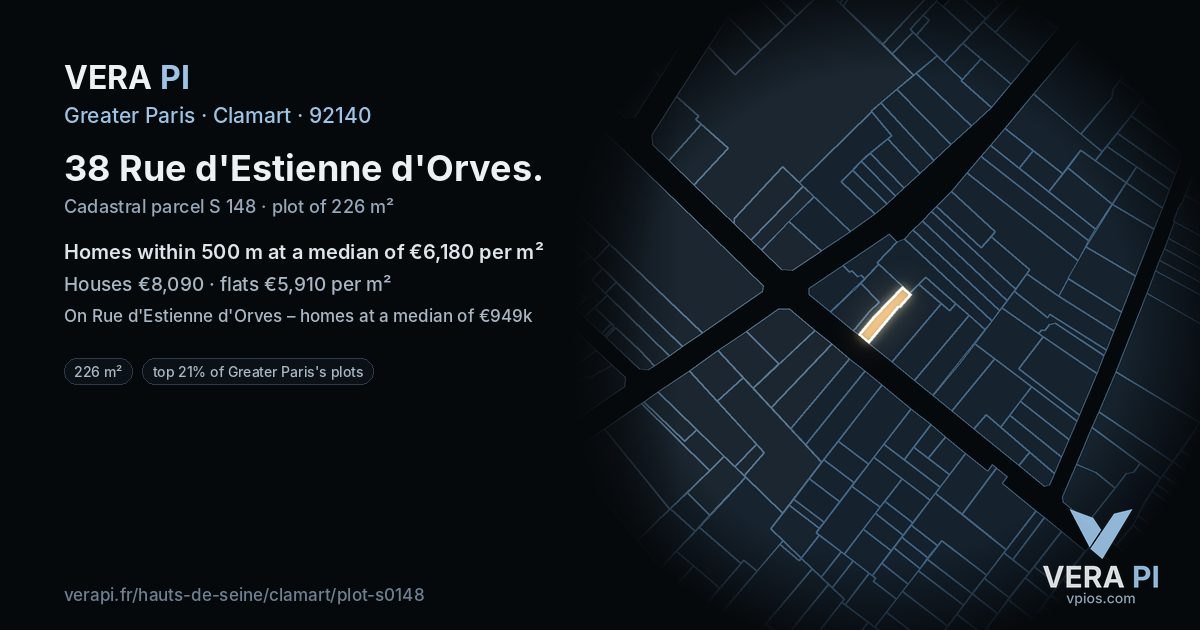38 Rue d'Estienne d'Orves, Clamart at night – the plot lit, the parcels around coloured by the prices near them
