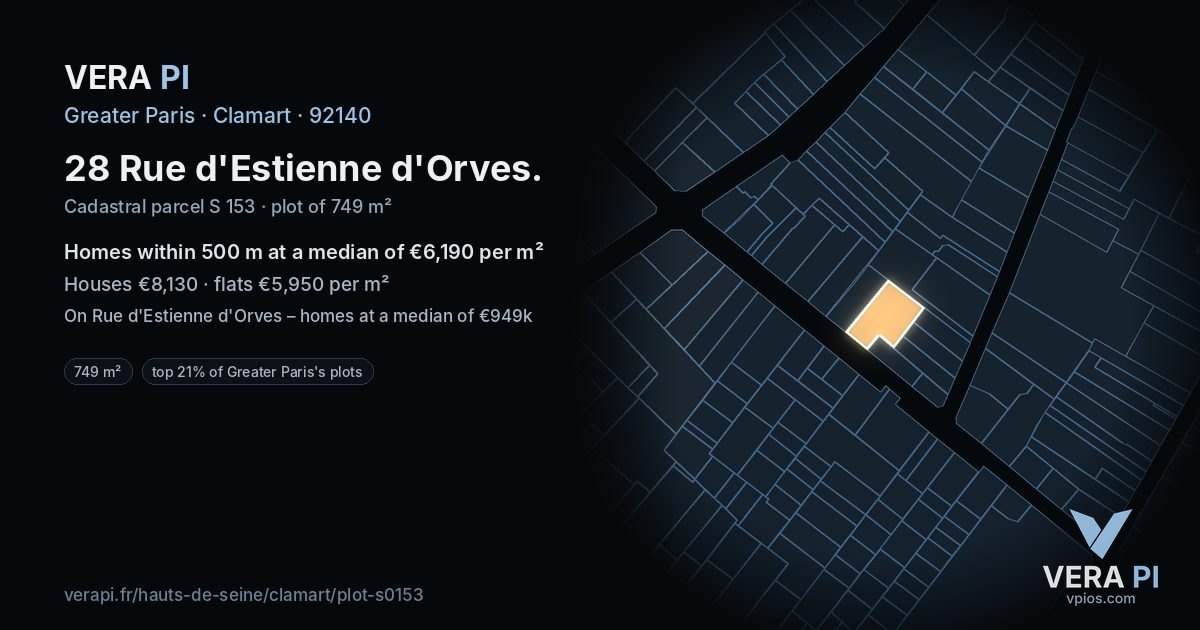 28 Rue d'Estienne d'Orves, Clamart at night – the plot lit, the parcels around coloured by the prices near them