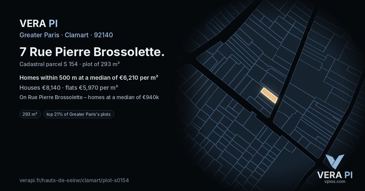 7 Rue Pierre Brossolette, Clamart at night – the plot lit, the parcels around coloured by the prices near them