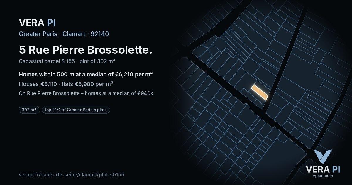 5 Rue Pierre Brossolette, Clamart at night – the plot lit, the parcels around coloured by the prices near them