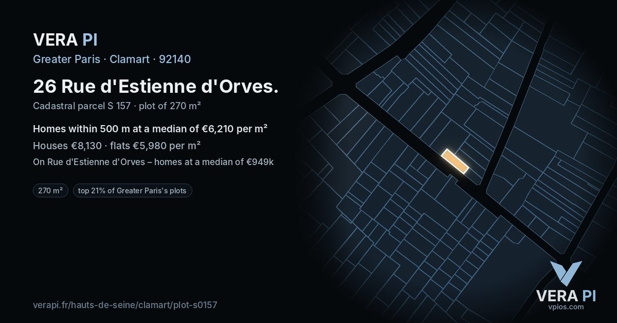 26 Rue d'Estienne d'Orves, Clamart at night – the plot lit, the parcels around coloured by the prices near them