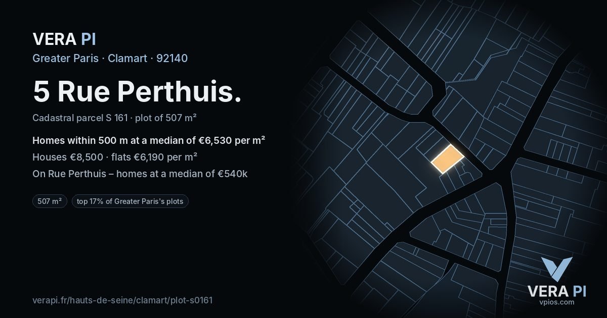5 Rue Perthuis, Clamart at night – the plot lit, the parcels around coloured by the prices near them