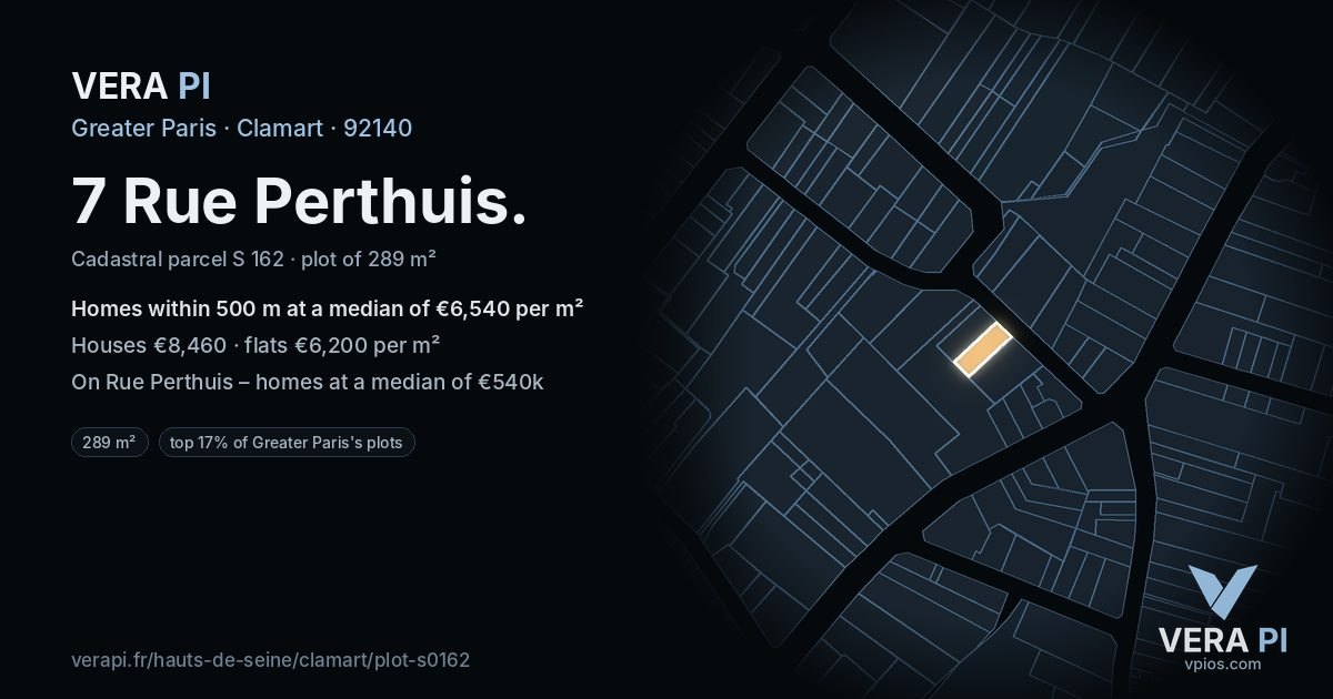 7 Rue Perthuis, Clamart at night – the plot lit, the parcels around coloured by the prices near them