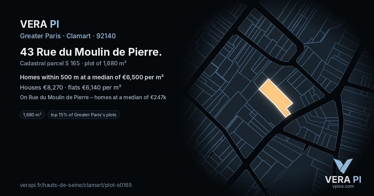 43 Rue du Moulin de Pierre, Clamart at night – the plot lit, the parcels around coloured by the prices near them