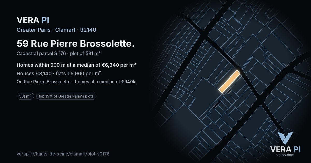 59 Rue Pierre Brossolette, Clamart at night – the plot lit, the parcels around coloured by the prices near them