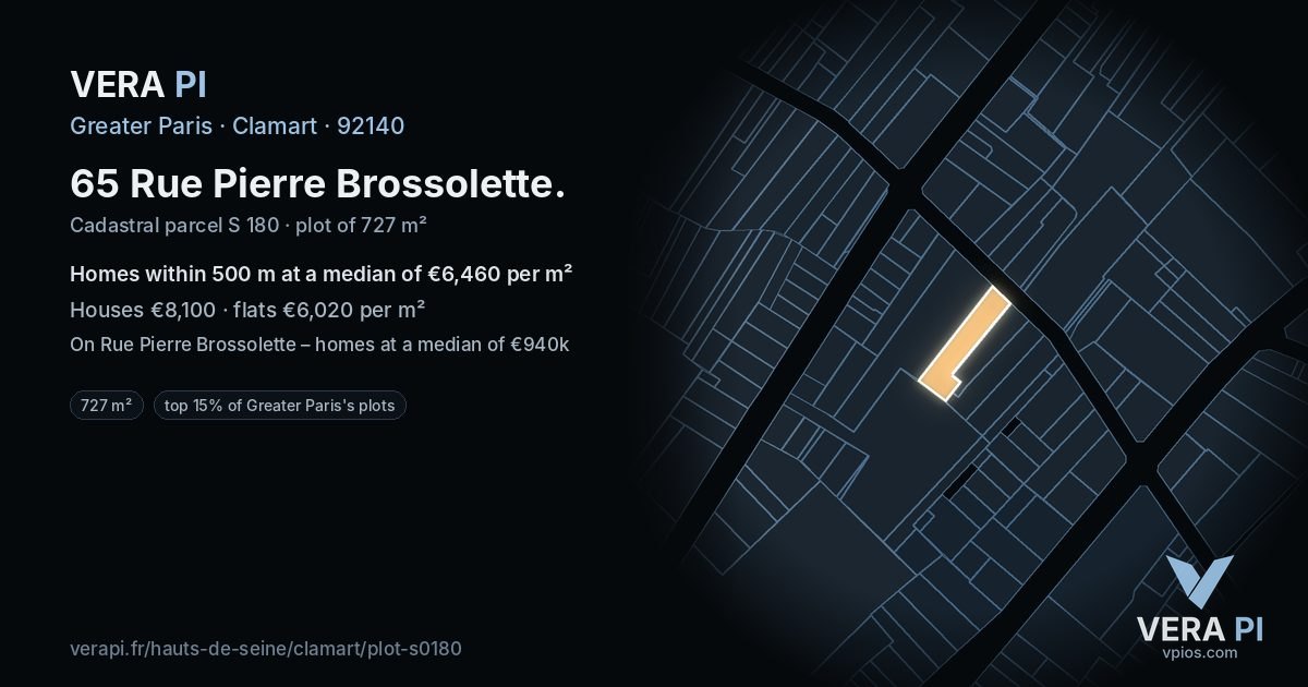 65 Rue Pierre Brossolette, Clamart at night – the plot lit, the parcels around coloured by the prices near them