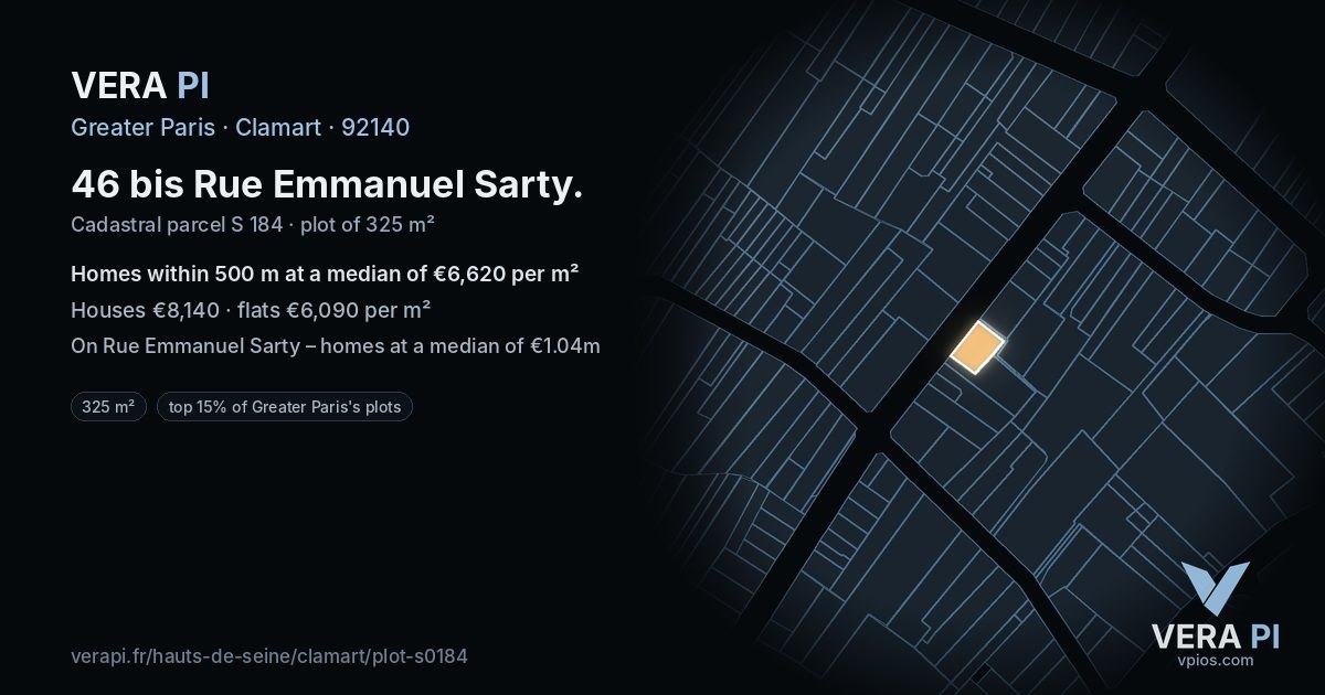 46 bis Rue Emmanuel Sarty, Clamart at night – the plot lit, the parcels around coloured by the prices near them