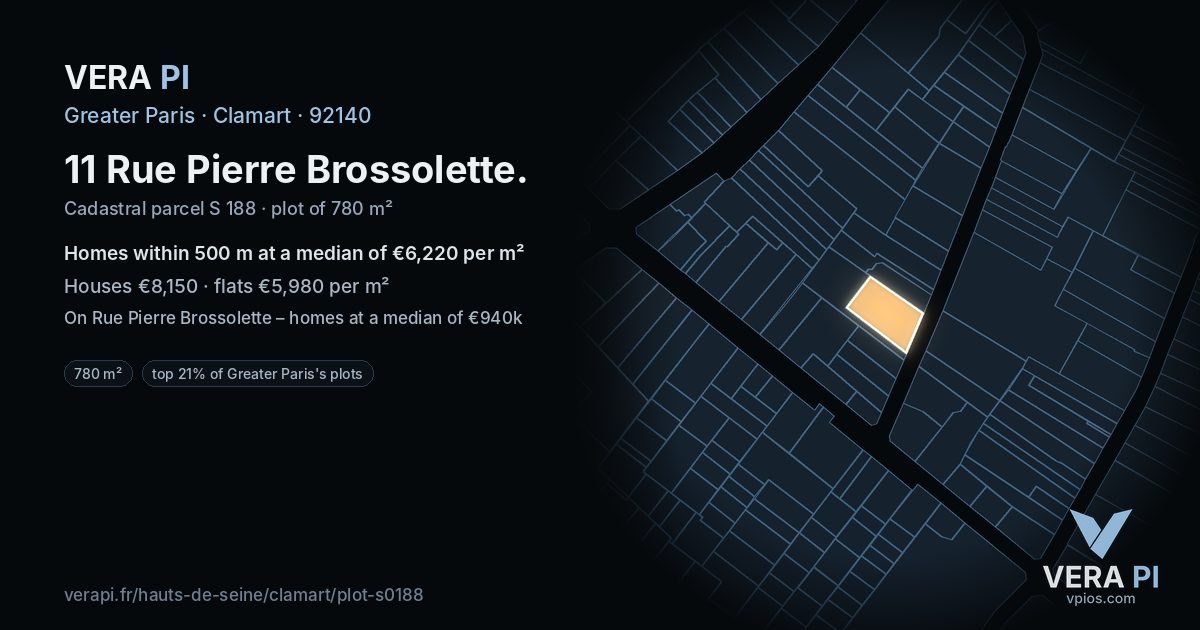 11 Rue Pierre Brossolette, Clamart at night – the plot lit, the parcels around coloured by the prices near them