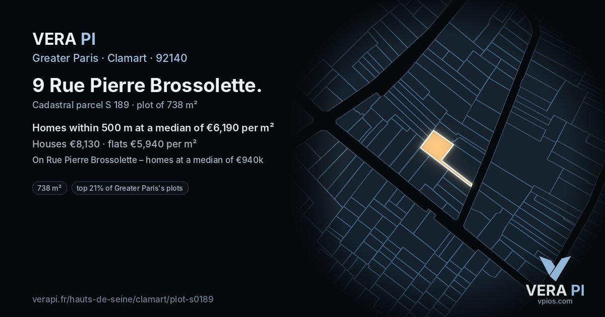 9 Rue Pierre Brossolette, Clamart at night – the plot lit, the parcels around coloured by the prices near them