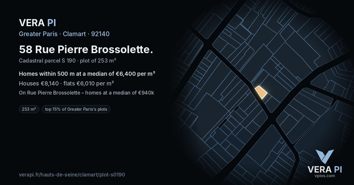 58 Rue Pierre Brossolette, Clamart at night – the plot lit, the parcels around coloured by the prices near them