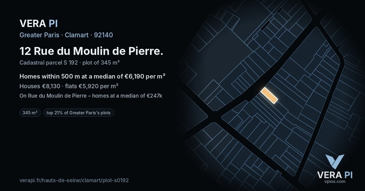12 Rue du Moulin de Pierre, Clamart at night – the plot lit, the parcels around coloured by the prices near them