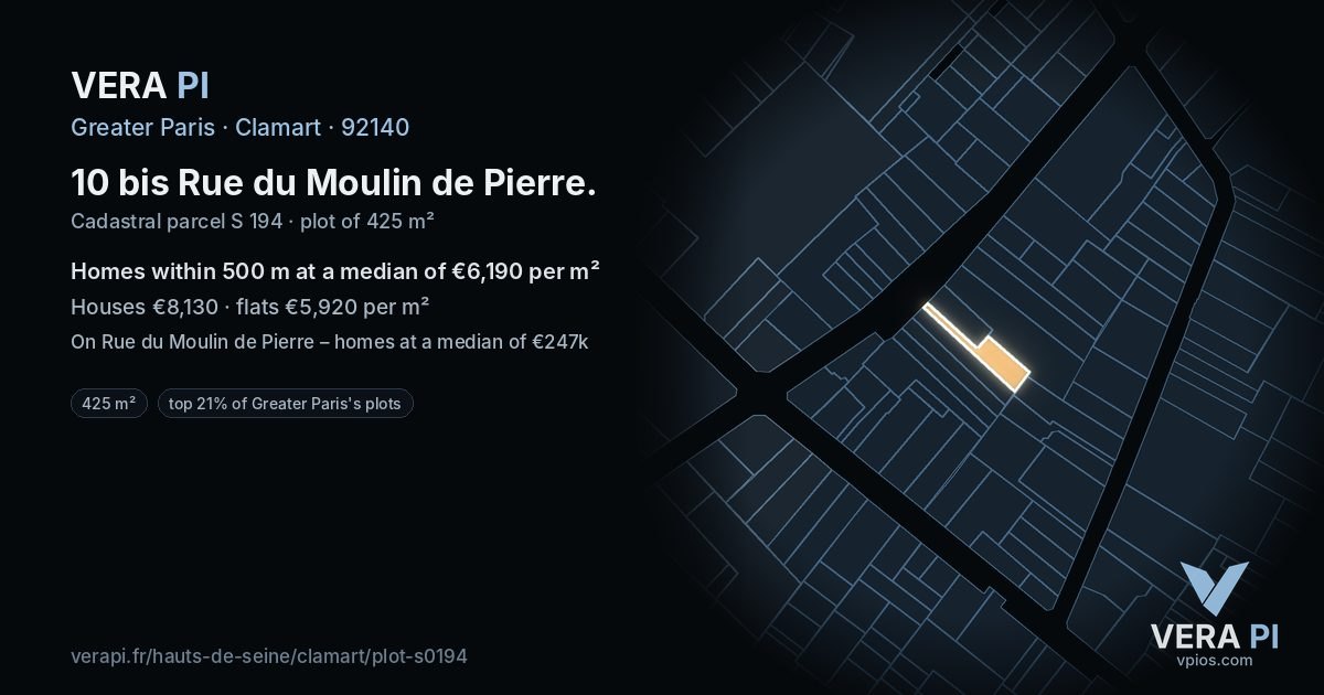 10 bis Rue du Moulin de Pierre, Clamart at night – the plot lit, the parcels around coloured by the prices near them