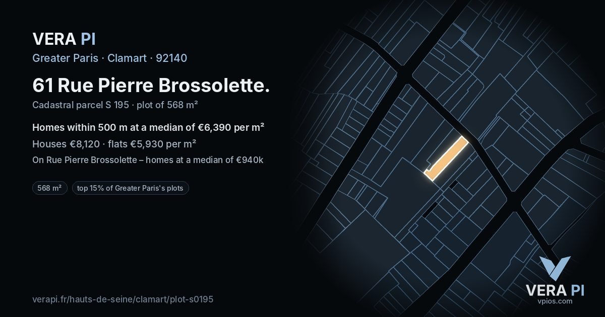 61 Rue Pierre Brossolette, Clamart at night – the plot lit, the parcels around coloured by the prices near them