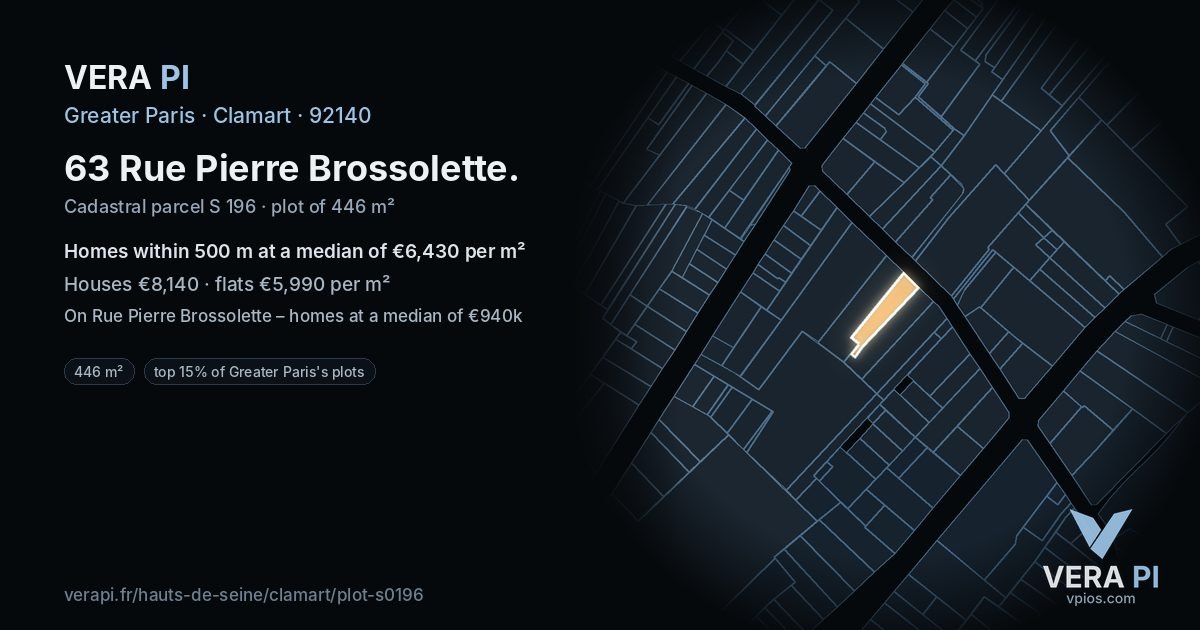 63 Rue Pierre Brossolette, Clamart at night – the plot lit, the parcels around coloured by the prices near them