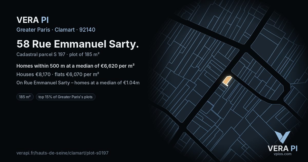 58 Rue Emmanuel Sarty, Clamart at night – the plot lit, the parcels around coloured by the prices near them
