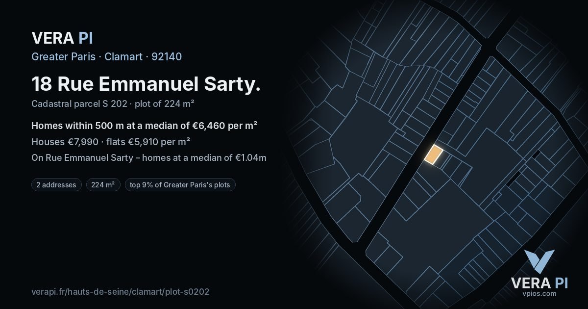 18 Rue Emmanuel Sarty, Clamart at night – the plot lit, the parcels around coloured by the prices near them