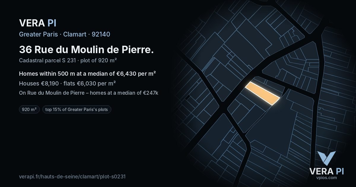 36 Rue du Moulin de Pierre, Clamart at night – the plot lit, the parcels around coloured by the prices near them