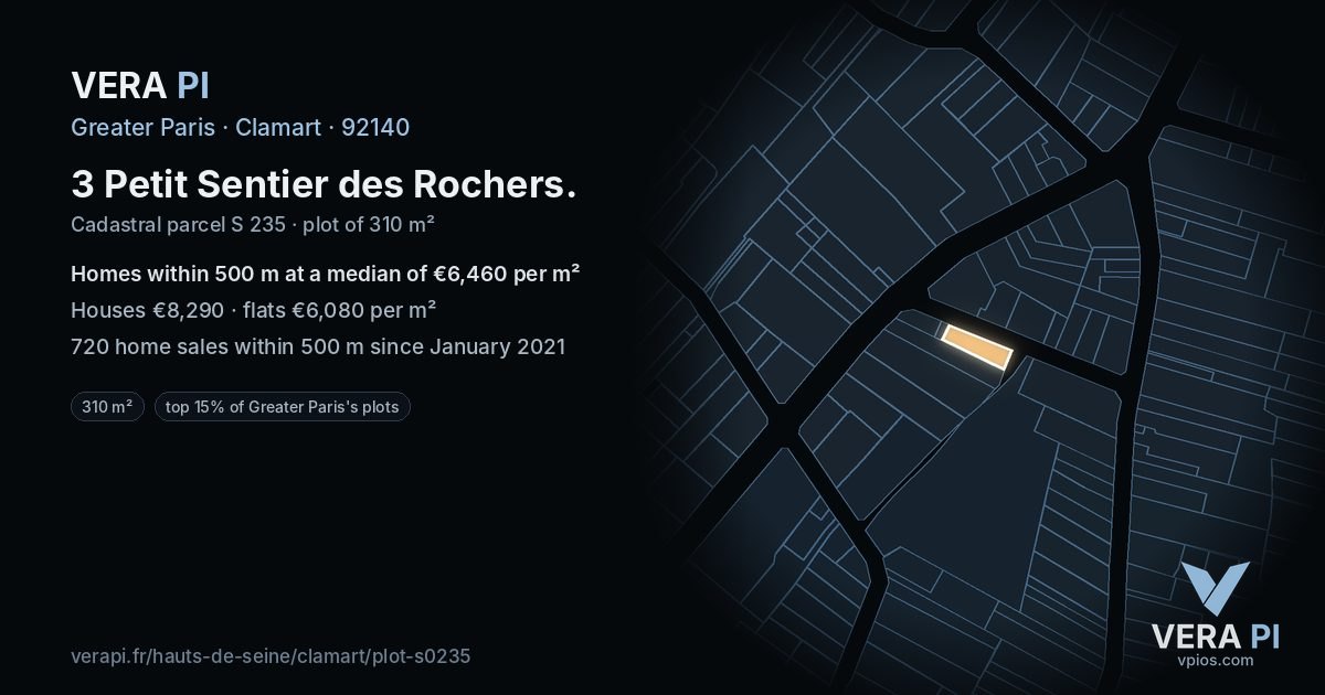 3 Petit Sentier des Rochers, Clamart at night – the plot lit, the parcels around coloured by the prices near them