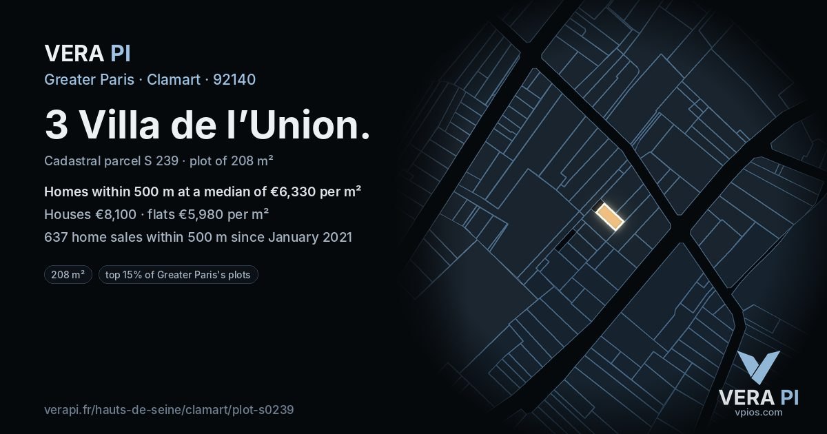 3 Villa de l’Union, Clamart at night – the plot lit, the parcels around coloured by the prices near them