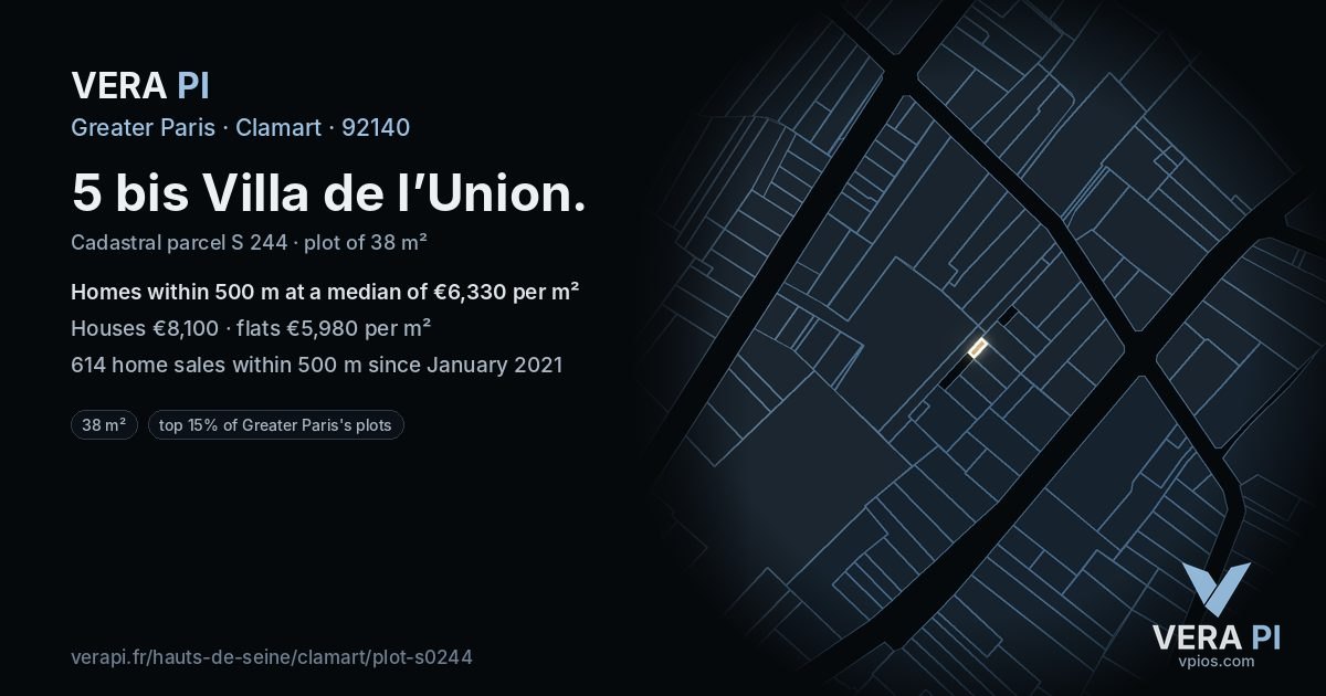 5 bis Villa de l’Union, Clamart at night – the plot lit, the parcels around coloured by the prices near them