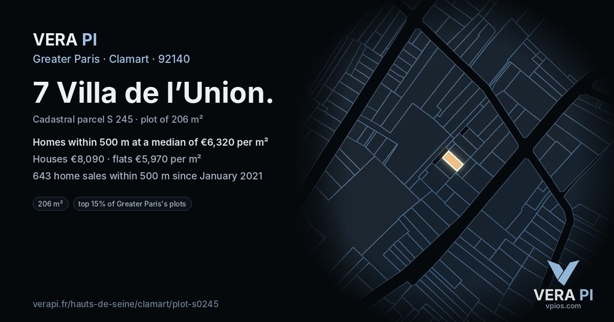 7 Villa de l’Union, Clamart at night – the plot lit, the parcels around coloured by the prices near them