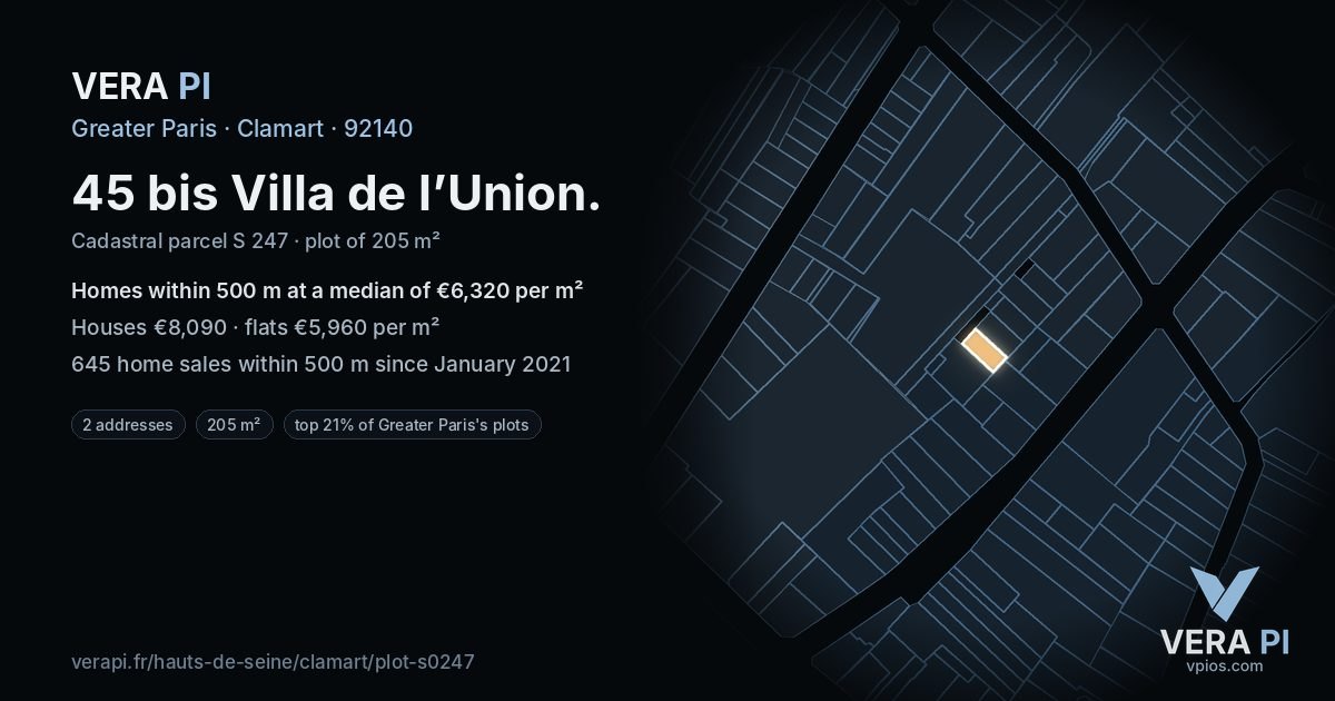 45 bis Villa de l’Union, Clamart at night – the plot lit, the parcels around coloured by the prices near them