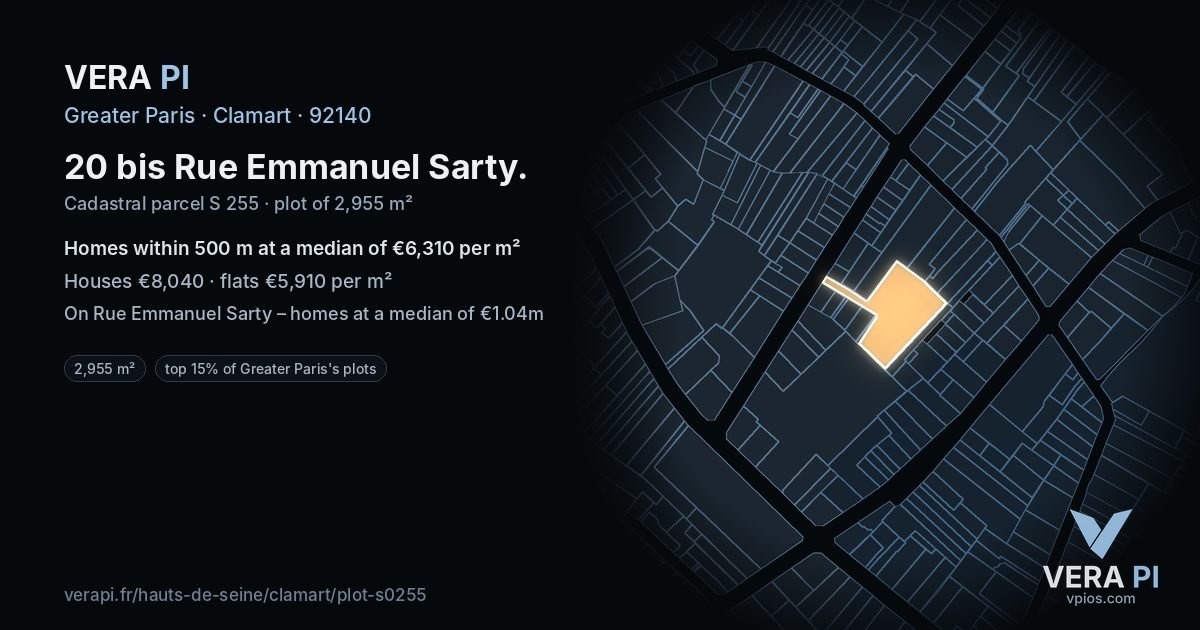 20 bis Rue Emmanuel Sarty, Clamart at night – the plot lit, the parcels around coloured by the prices near them