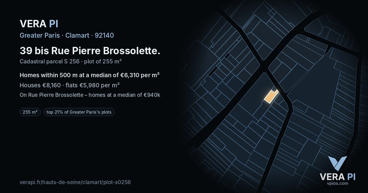 39 bis Rue Pierre Brossolette, Clamart at night – the plot lit, the parcels around coloured by the prices near them