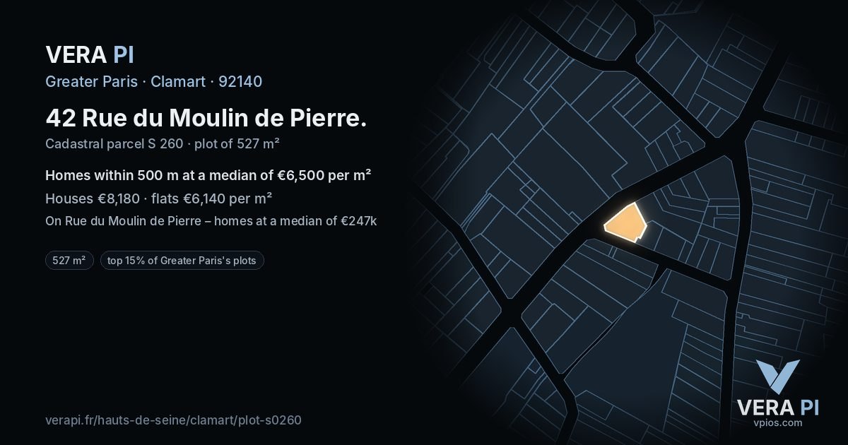 42 Rue du Moulin de Pierre, Clamart at night – the plot lit, the parcels around coloured by the prices near them