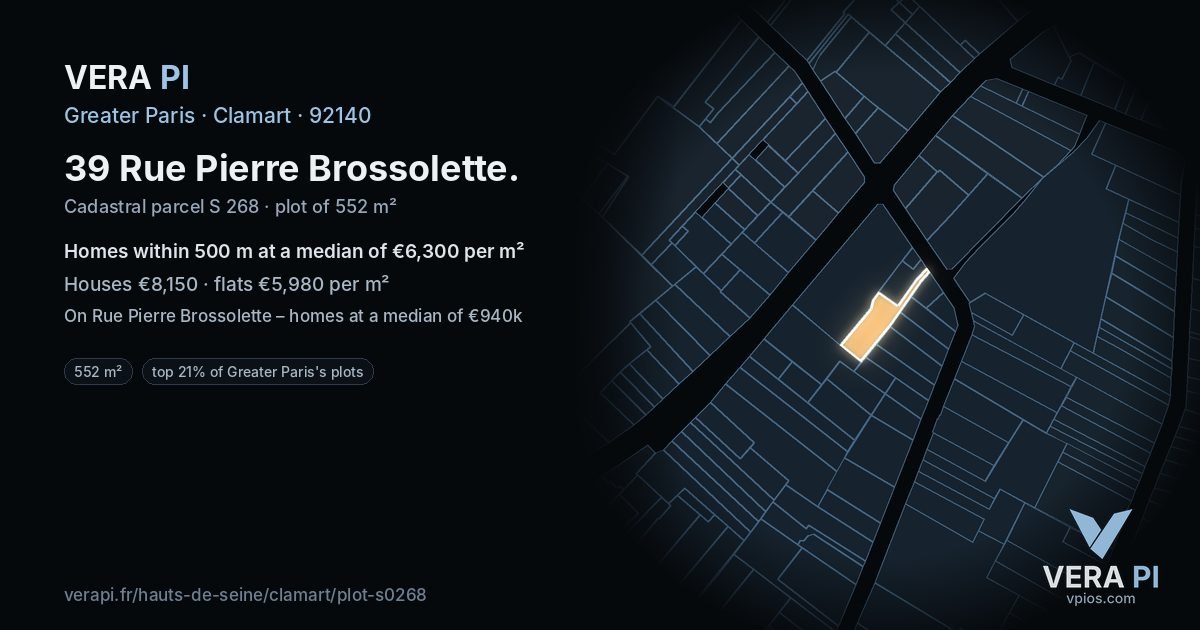 39 Rue Pierre Brossolette, Clamart at night – the plot lit, the parcels around coloured by the prices near them