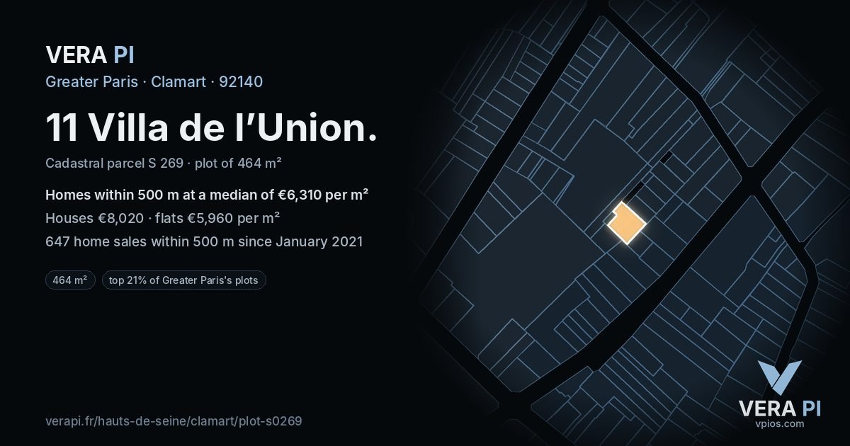 11 Villa de l’Union, Clamart at night – the plot lit, the parcels around coloured by the prices near them