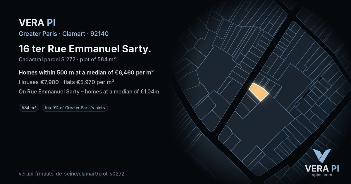 16 ter Rue Emmanuel Sarty, Clamart at night – the plot lit, the parcels around coloured by the prices near them