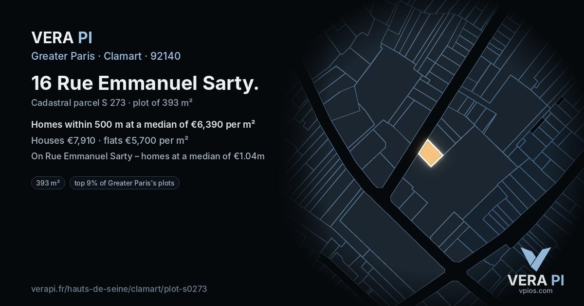 16 Rue Emmanuel Sarty, Clamart at night – the plot lit, the parcels around coloured by the prices near them