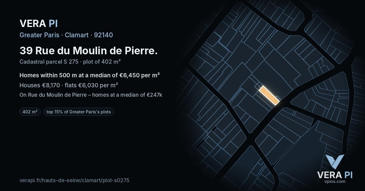 39 Rue du Moulin de Pierre, Clamart at night – the plot lit, the parcels around coloured by the prices near them