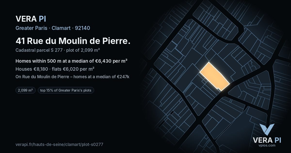 41 Rue du Moulin de Pierre, Clamart at night – the plot lit, the parcels around coloured by the prices near them