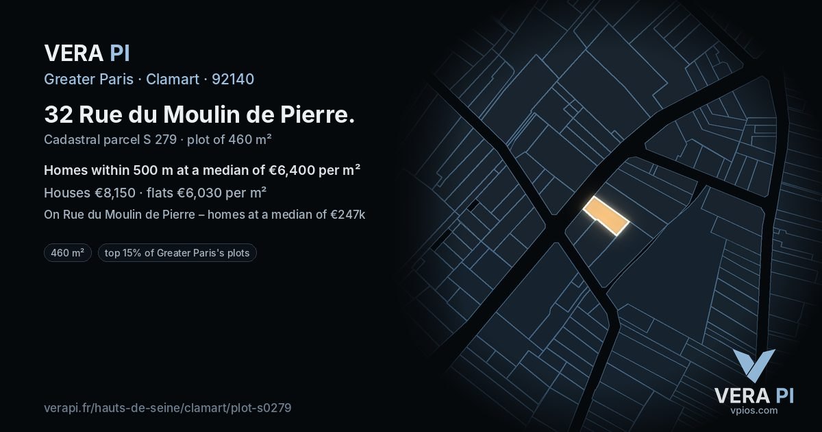 32 Rue du Moulin de Pierre, Clamart at night – the plot lit, the parcels around coloured by the prices near them