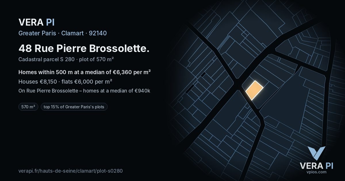48 Rue Pierre Brossolette, Clamart at night – the plot lit, the parcels around coloured by the prices near them