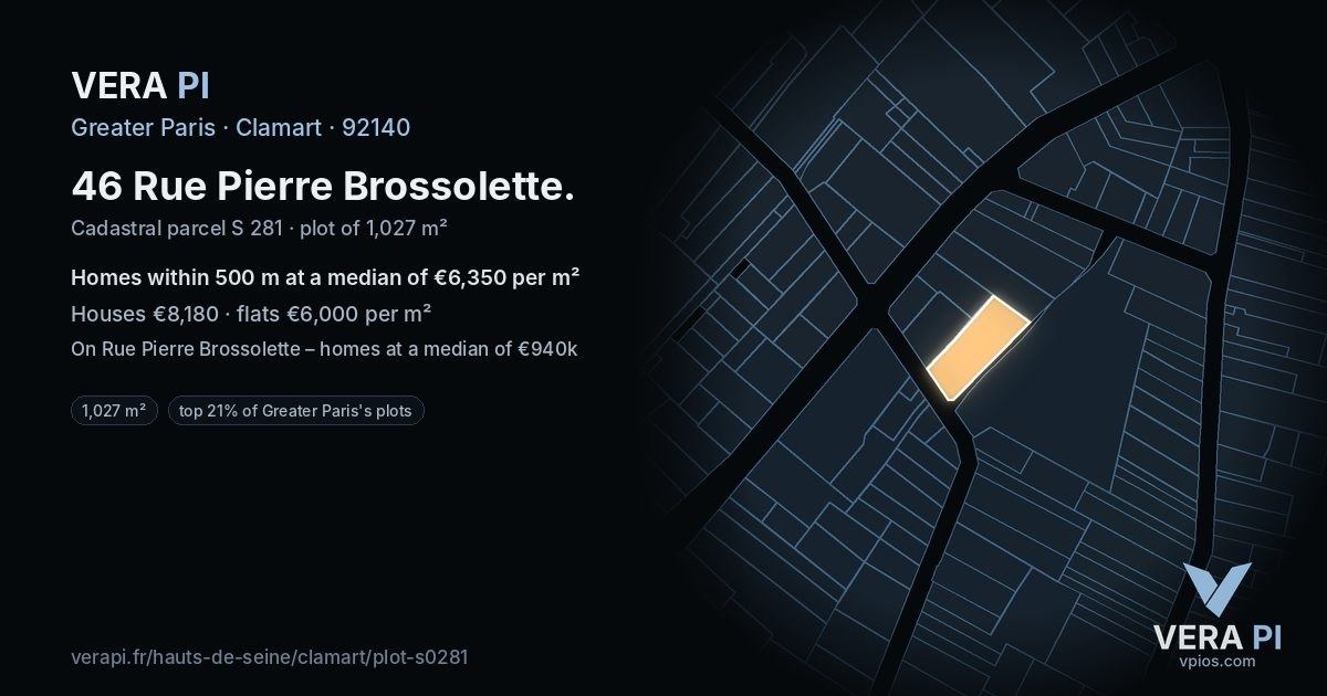 46 Rue Pierre Brossolette, Clamart at night – the plot lit, the parcels around coloured by the prices near them