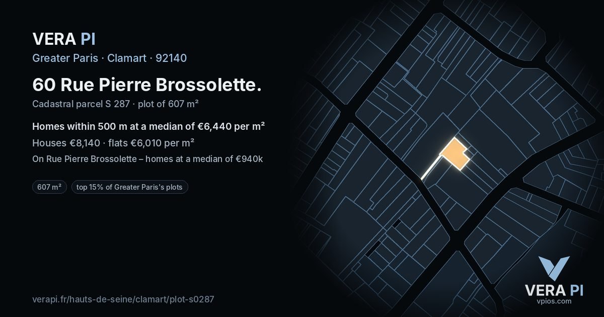 60 Rue Pierre Brossolette, Clamart at night – the plot lit, the parcels around coloured by the prices near them