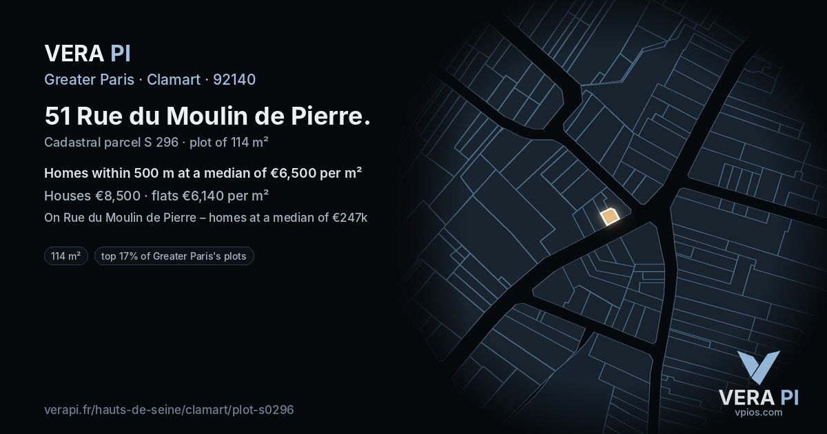 51 Rue du Moulin de Pierre, Clamart at night – the plot lit, the parcels around coloured by the prices near them
