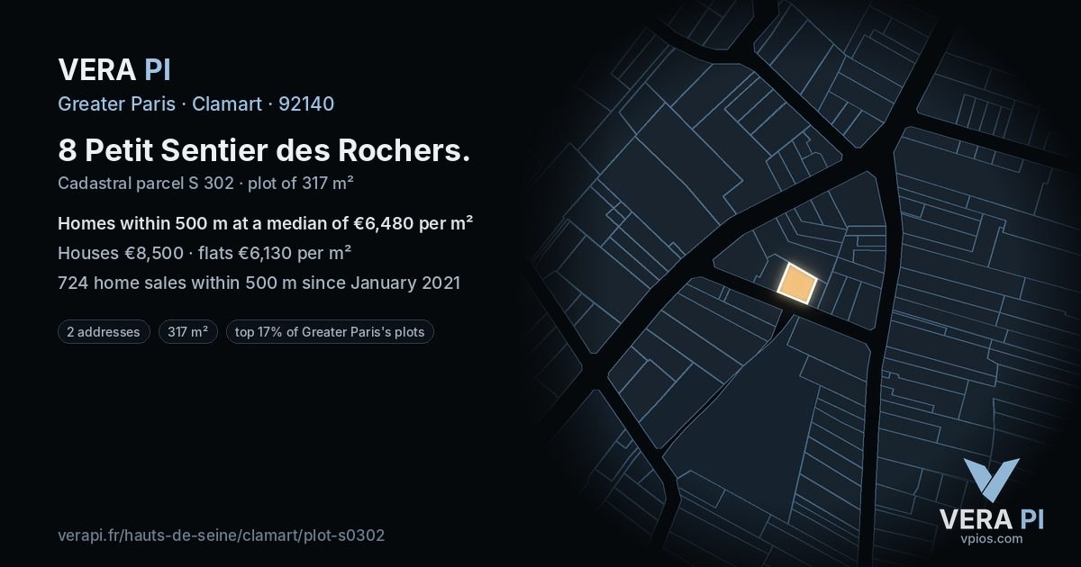 8 Petit Sentier des Rochers, Clamart at night – the plot lit, the parcels around coloured by the prices near them