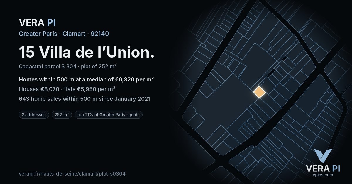 15 Villa de l’Union, Clamart at night – the plot lit, the parcels around coloured by the prices near them