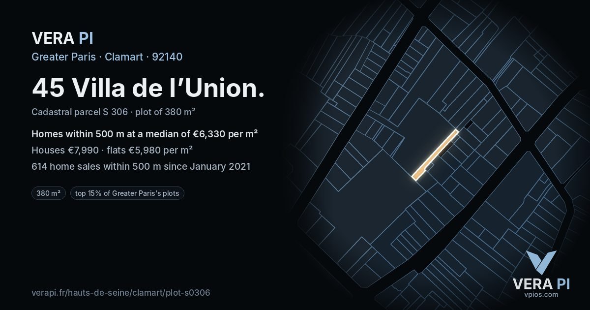 45 Villa de l’Union, Clamart at night – the plot lit, the parcels around coloured by the prices near them
