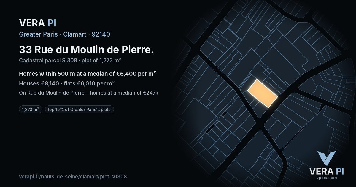33 Rue du Moulin de Pierre, Clamart at night – the plot lit, the parcels around coloured by the prices near them