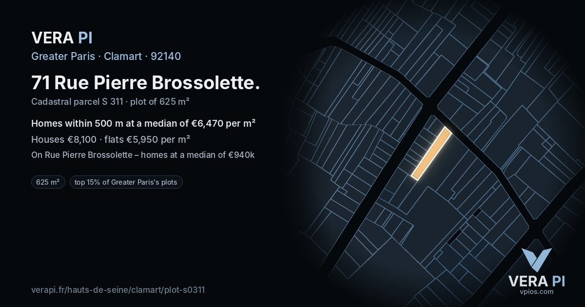 71 Rue Pierre Brossolette, Clamart at night – the plot lit, the parcels around coloured by the prices near them