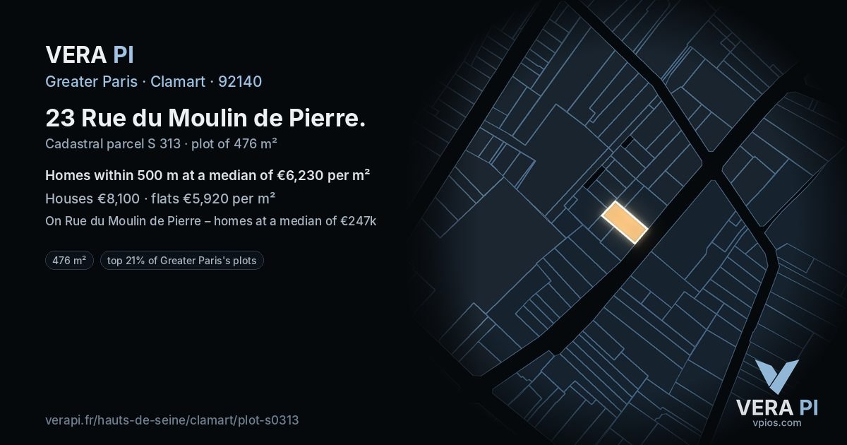 23 Rue du Moulin de Pierre, Clamart at night – the plot lit, the parcels around coloured by the prices near them
