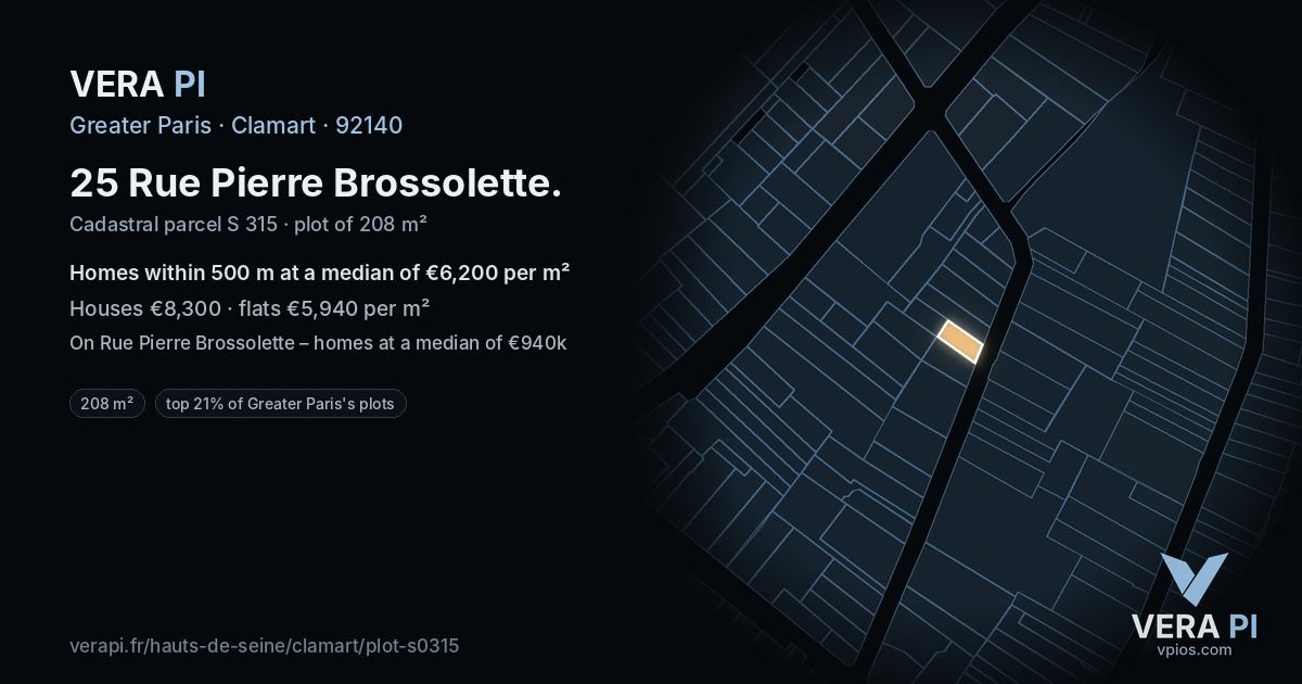 25 Rue Pierre Brossolette, Clamart at night – the plot lit, the parcels around coloured by the prices near them